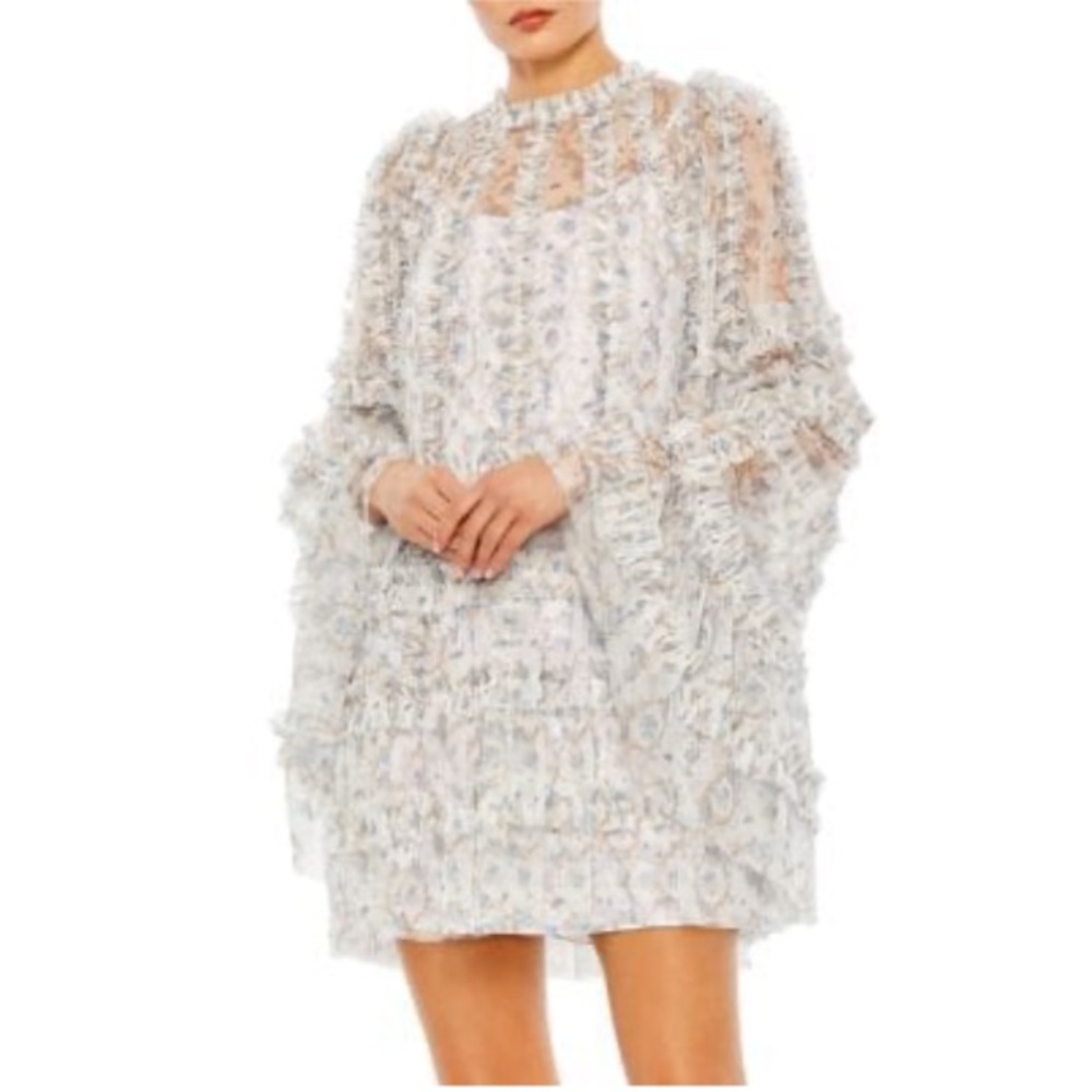 NEW Mac Duggal Sheer Ruffle Floral Mini Dress Long Sleeve